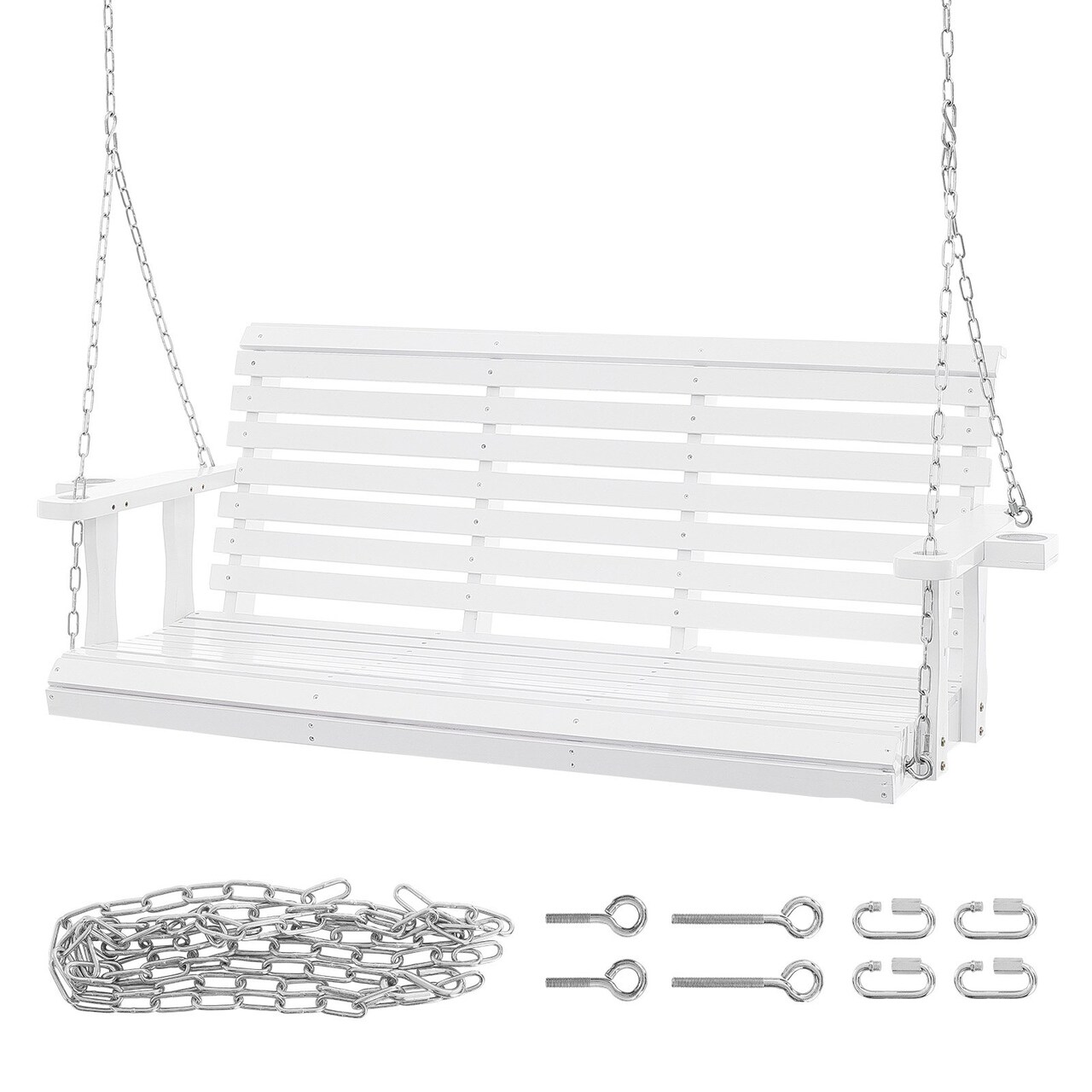 White Cedar Wood Porch Swing with Steel Chains and Cup Holders